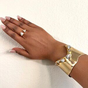 Pearl Adjustable cuff Bracelet Gold Plated & Ring Set
